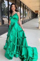 Green Ruffled Spaghetti Straps Prom Dress with Slit