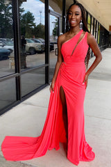 Coral One Shoulder Long Prom Dress with Slit