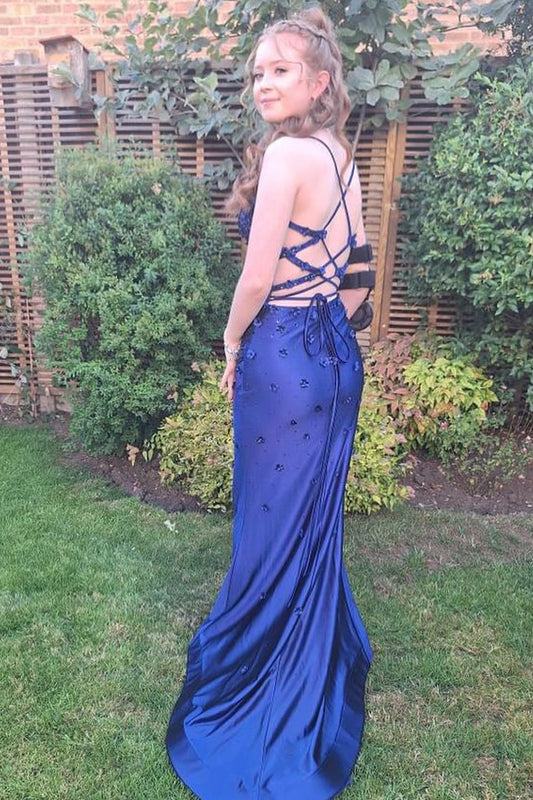 Navy Floral Corset Long Prom Dress with Slit