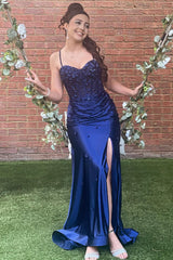 Navy Floral Corset Long Prom Dress with Slit