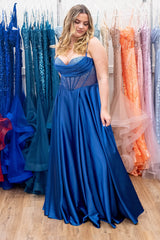 Sparkly Spaghetti Straps Royal Blue Corset Long Prom Dress with Slit