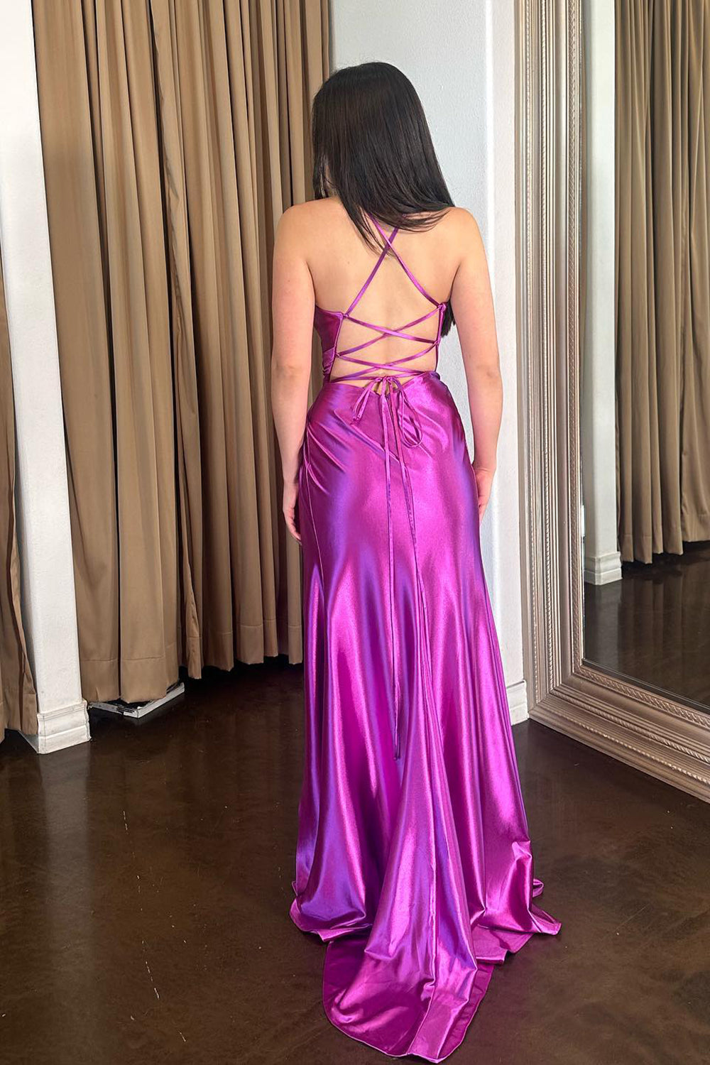 Purple Satin Spaghetti Straps Long Prom Dress with Slit