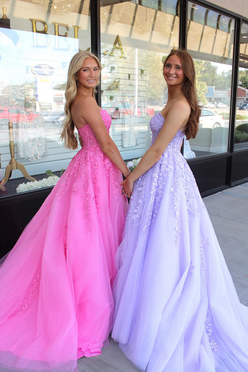 A Line Lilac Strapless Corset Tulle Long Prom Dress with Appliques