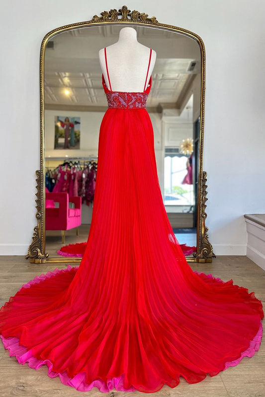 Sparkly Red A-Line Chiffon Long Prom Dress with Slit