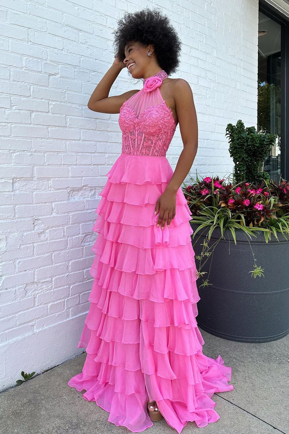 Hot Pink Corset Halter Ruffled Long Prom Dress with Lace