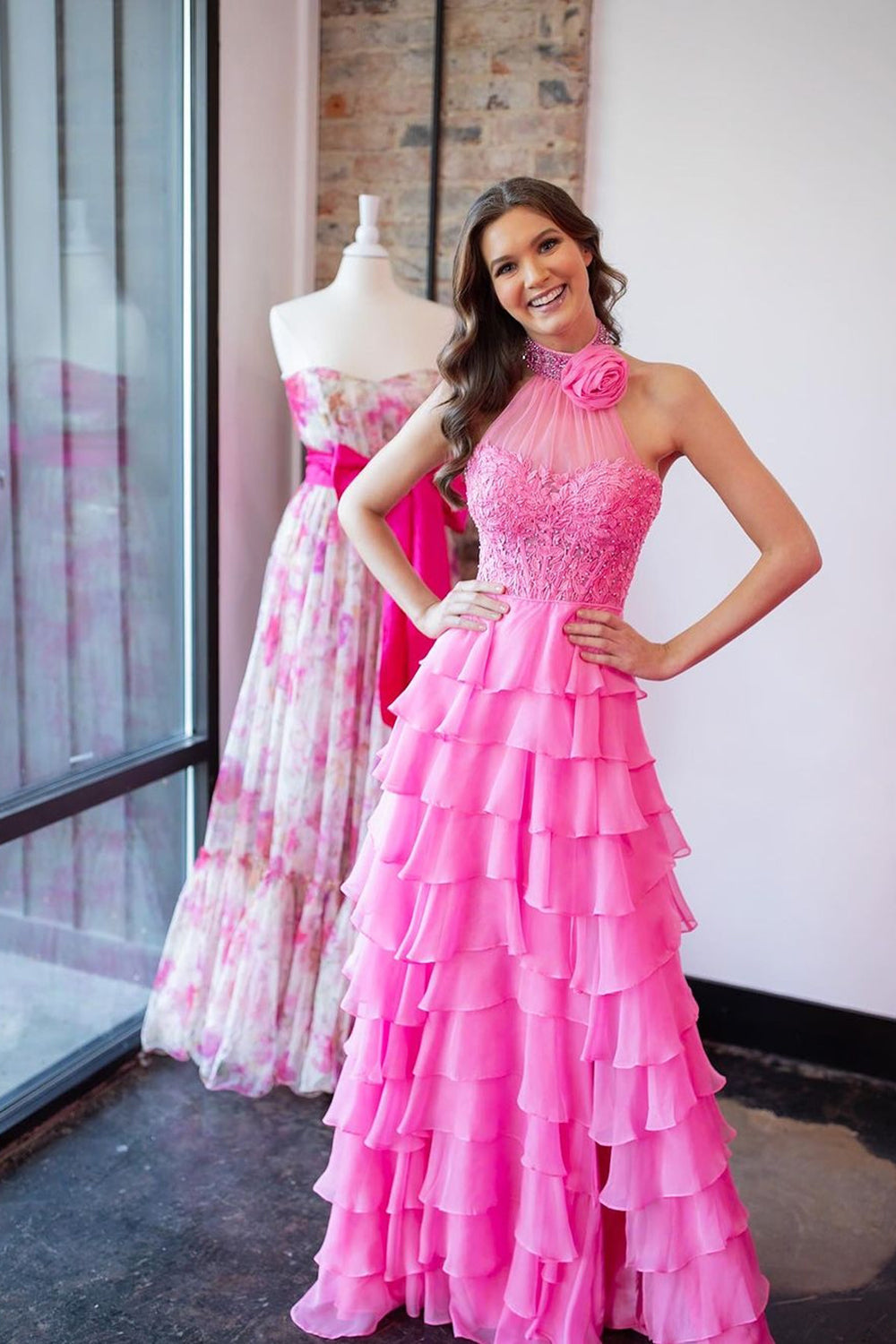 Hot Pink Corset Halter Ruffled Long Prom Dress with Lace