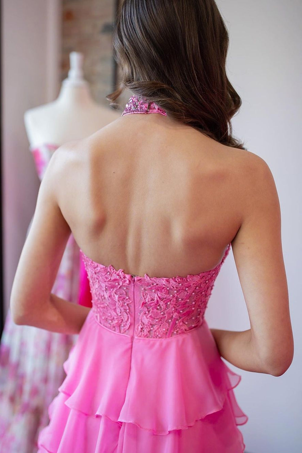 Hot Pink Corset Halter Ruffled Long Prom Dress with Lace