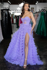 Lilac Sweetheart Ruffled Long Prom Dress with Slit