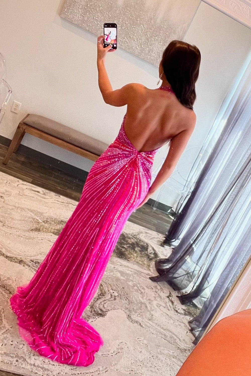 Sparkly Fuchsia Halter Long Prom Drees with Slit