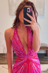 Sparkly Fuchsia Halter Long Prom Drees with Slit