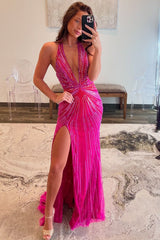 Sparkly Fuchsia Halter Long Prom Drees with Slit