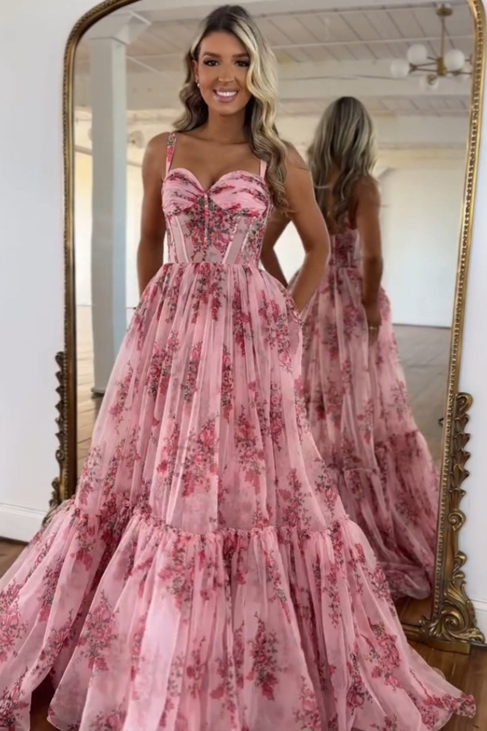 Blush Corset A-Line Floral Long Prom Dress