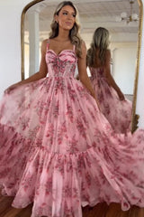 Blush Corset A-Line Floral Long Prom Dress