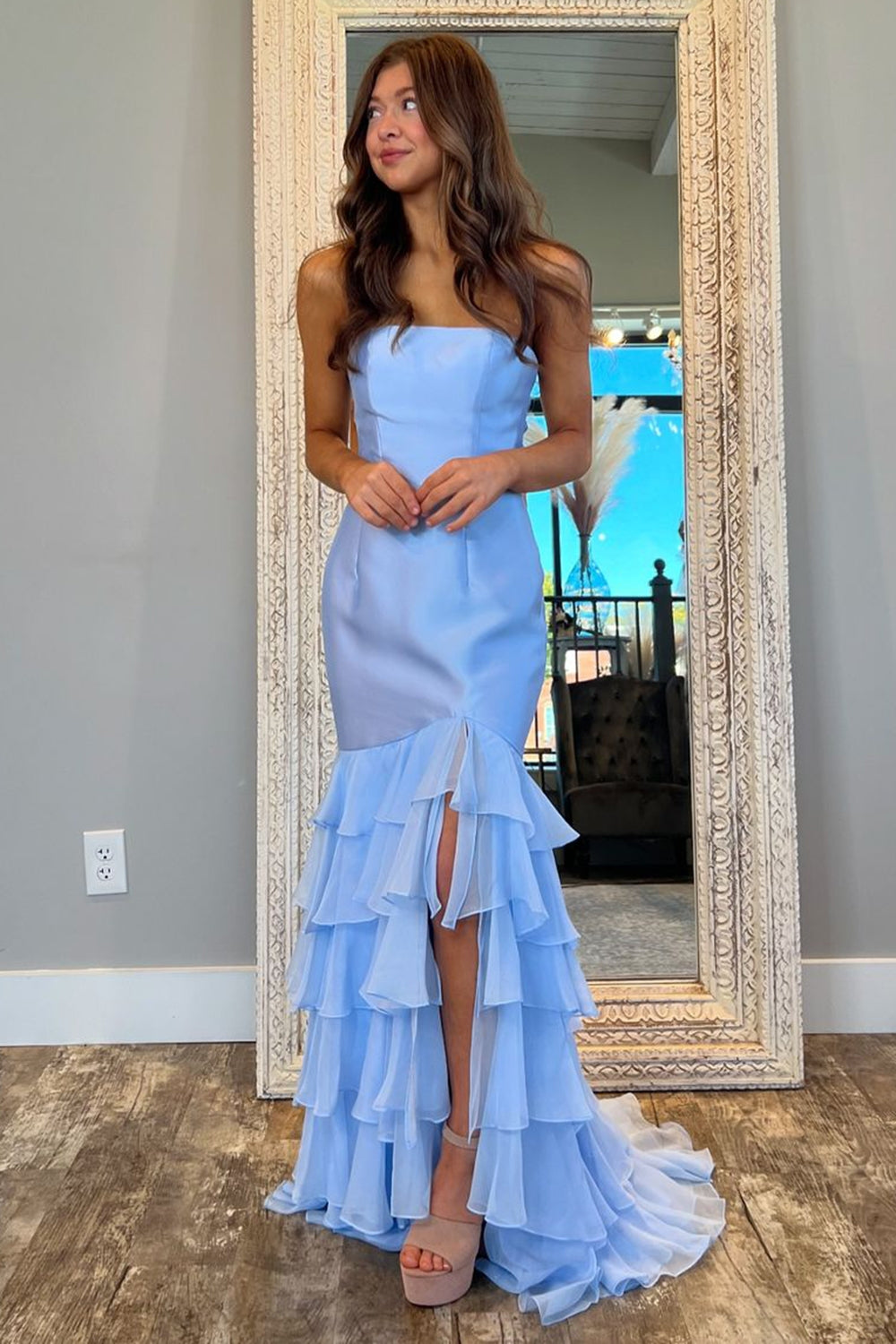 Blue Mermaid Ruffled Long Prom Dress