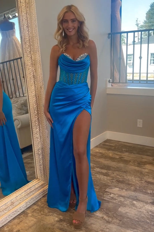 Sparkly Royal Blue Sweetheart Corset Prom Dress with Slit