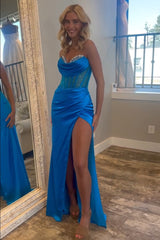 Sparkly Royal Blue Sweetheart Corset Prom Dress with Slit