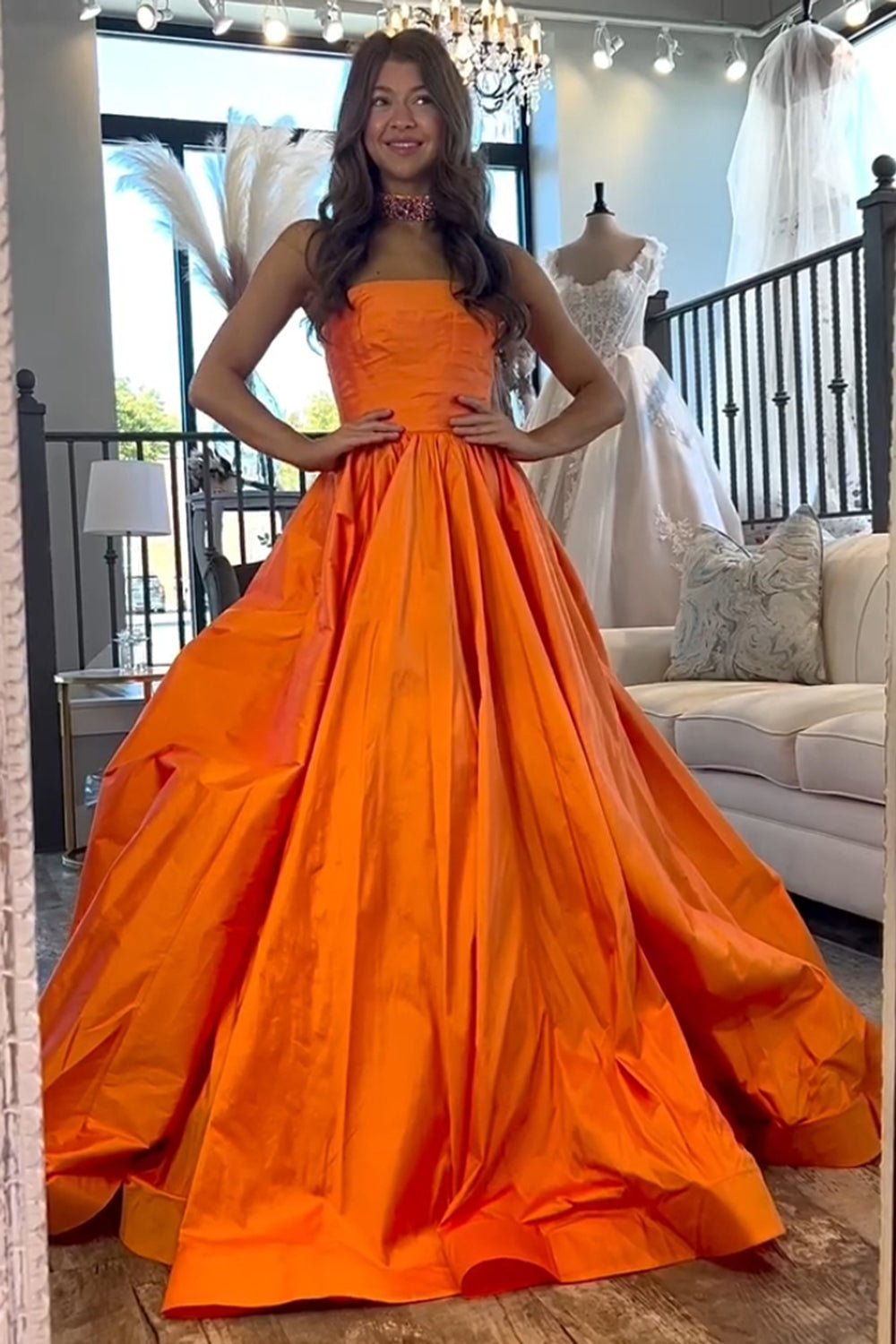 Orange A-Line Sweetheart Long Prom Dress