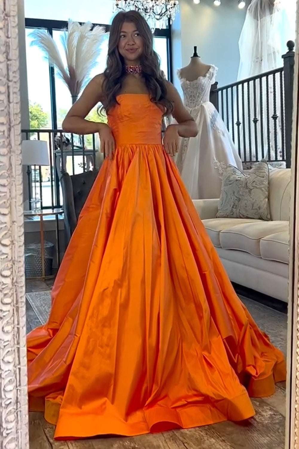 Orange A-Line Sweetheart Long Prom Dress