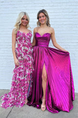 Fuchsia Metallic Sweetheart Long Prom Dress with Slit