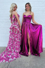 Fuchsia Metallic Sweetheart Long Prom Dress with Slit