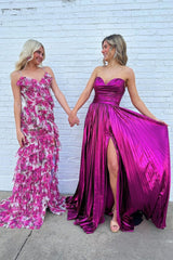 Fuchsia Metallic Sweetheart Long Prom Dress with Slit