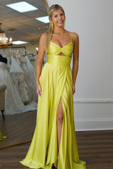 Yellow A-Line Spaghetti Straps Prom Dress with Slit