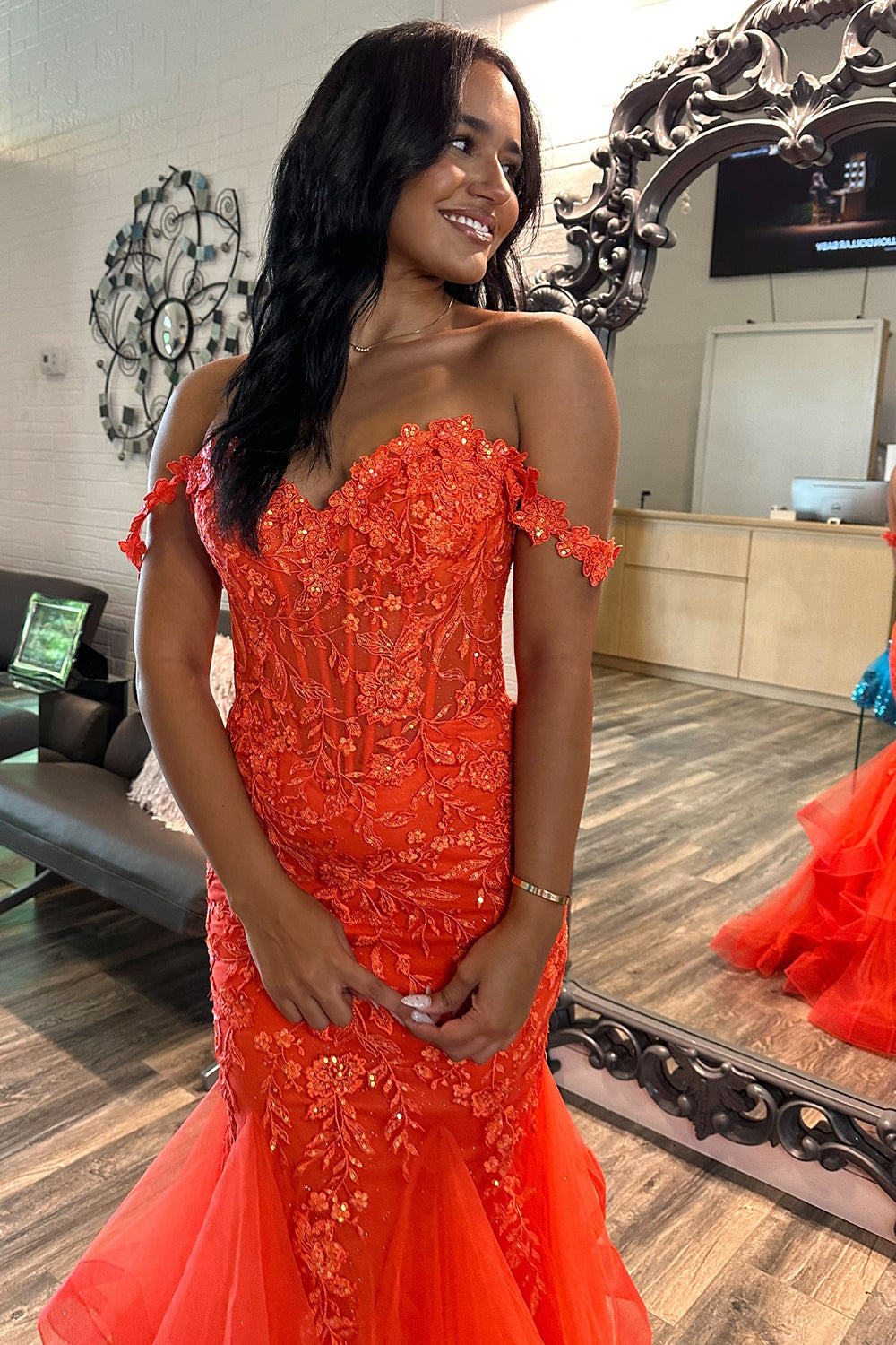 Sparkly Orange Floral Mermaid Off The Shoulder Long Prom Dress