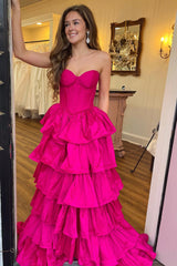 Fuchsia Tiered A-Line Sweetheart Corset Long Prom Dress