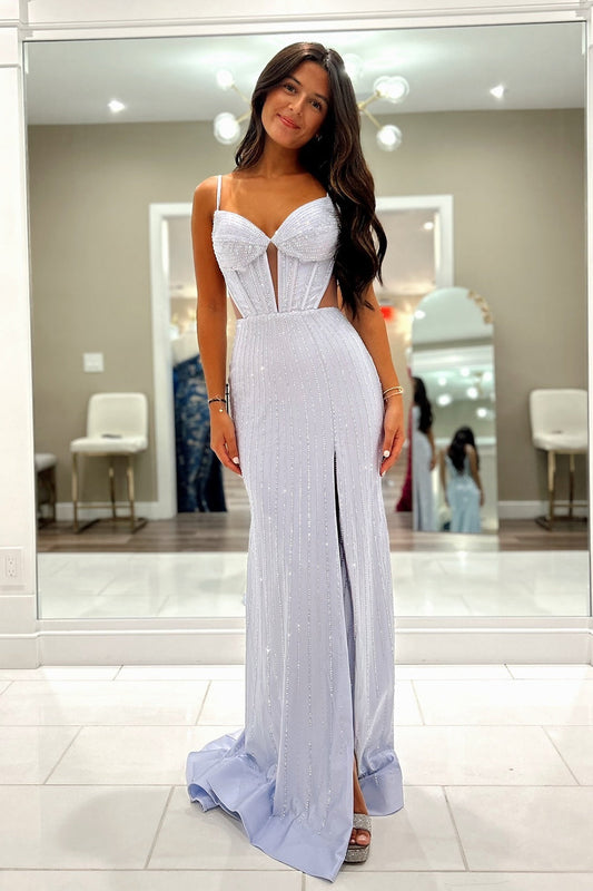 Sparkly Lilac Spaghetti Straps Mermaid Long Prom Dress with Slit