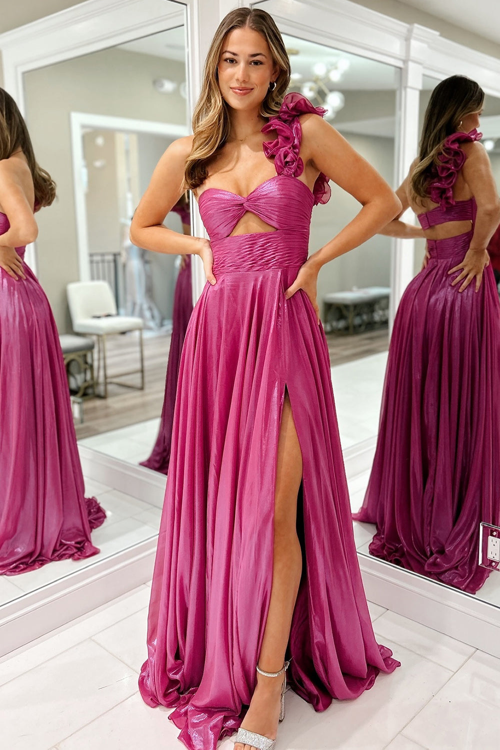 Sparkly Fuchsia Hollow Out One Shoulder Prom Dress with Slit