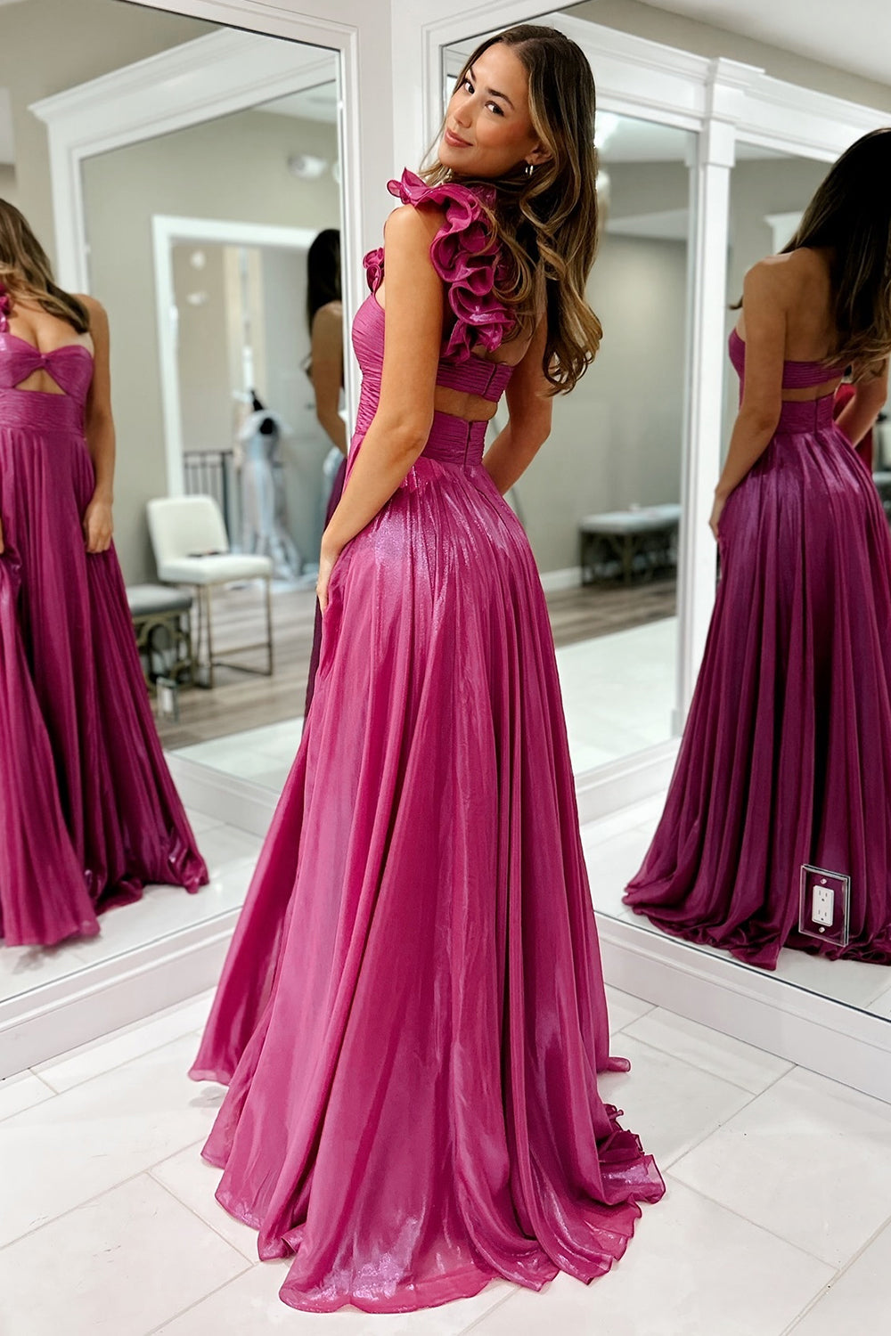 Sparkly Fuchsia Hollow Out One Shoulder Prom Dress with Slit