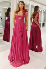 Sparkly Fuchsia Hollow Out One Shoulder Prom Dress with Slit