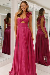 Sparkly Fuchsia Hollow Out One Shoulder Prom Dress with Slit