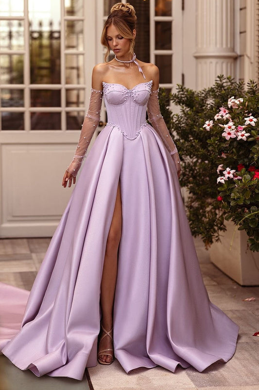 Lilac Beaded A-Line Sweetheart Corset Prom Dress with Slit