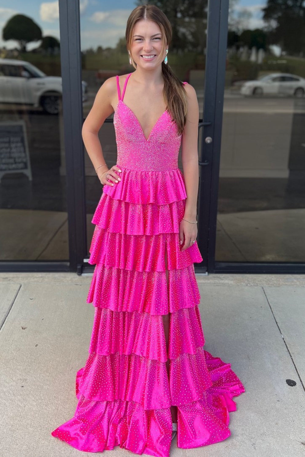 Sparkly Fuchsia Tiered Beaded Spaghetti Straps Long Prom Dress with Slit