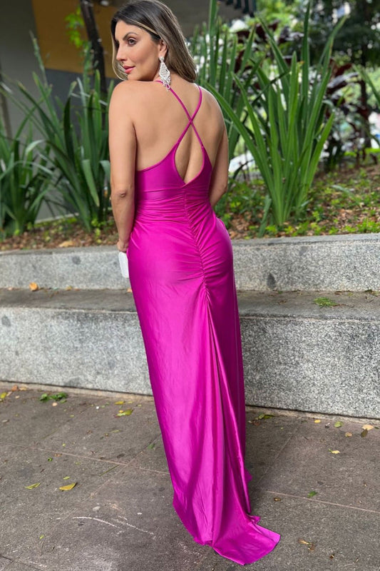 Fuchsia V-Neck Spaghetti Straps Ruche Long Prom Dress