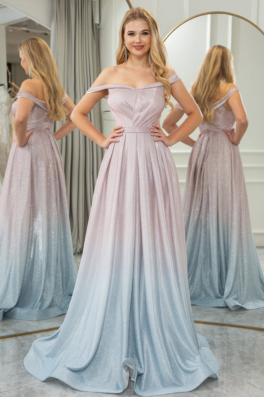 Blush A Line Off the Shoulder Long Prom Dress With Pleats