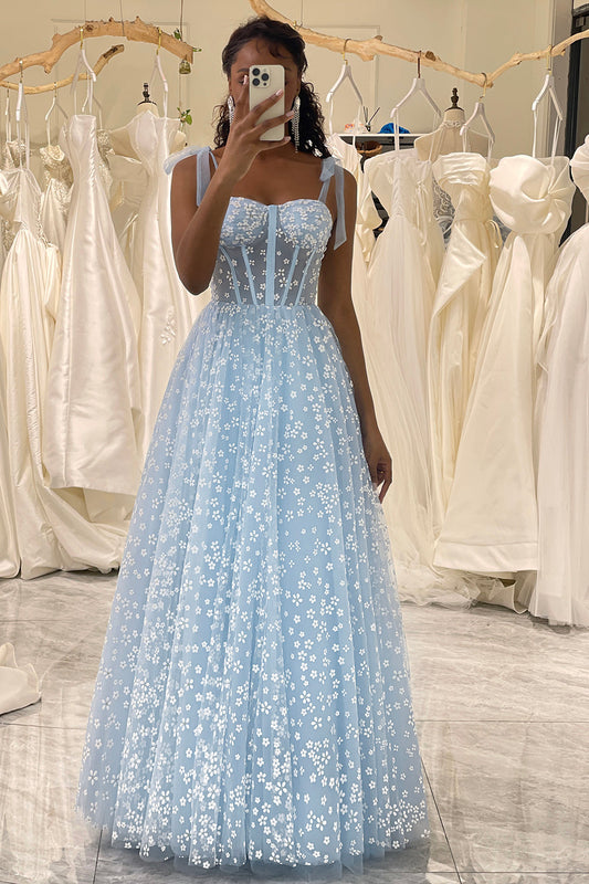 Sky Blue A Line Long Corset Prom Dress With Adjustable Straps