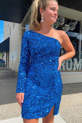 Blue Sequins Homecoming Dress with Sleeves