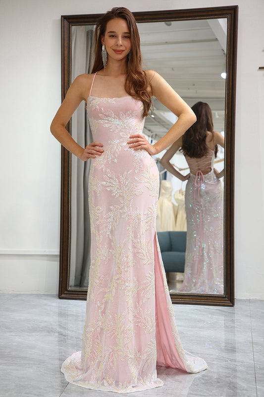 Sparkly Pink Mermaid Long Appliqued Prom Dress With Slit