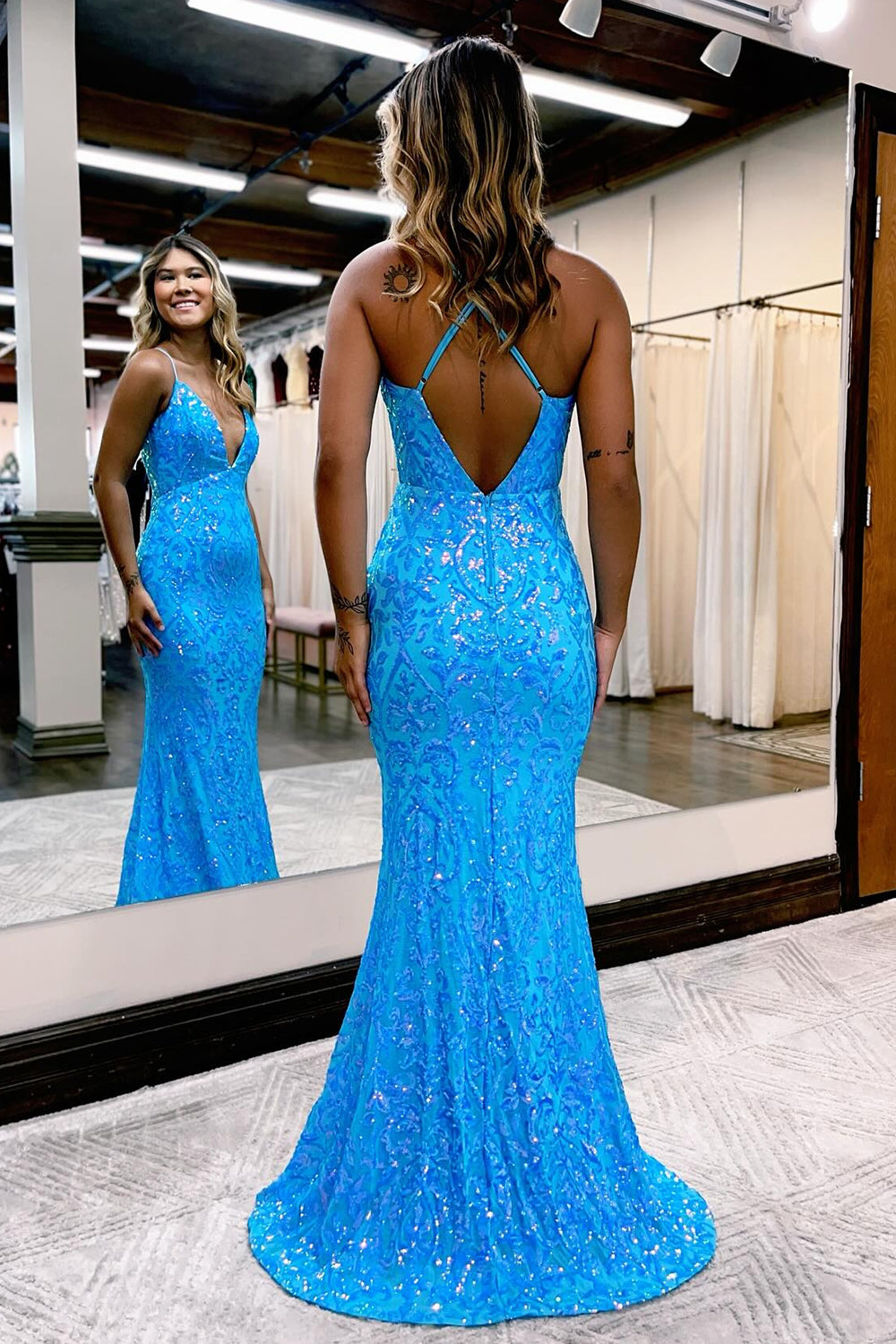 Sparkly Blue Spaghetti Straps Sequins Backless Prom Dress