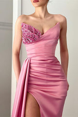 Pink V-Neck Beads Long Slit Mermaid Evening Dress with Ruffles