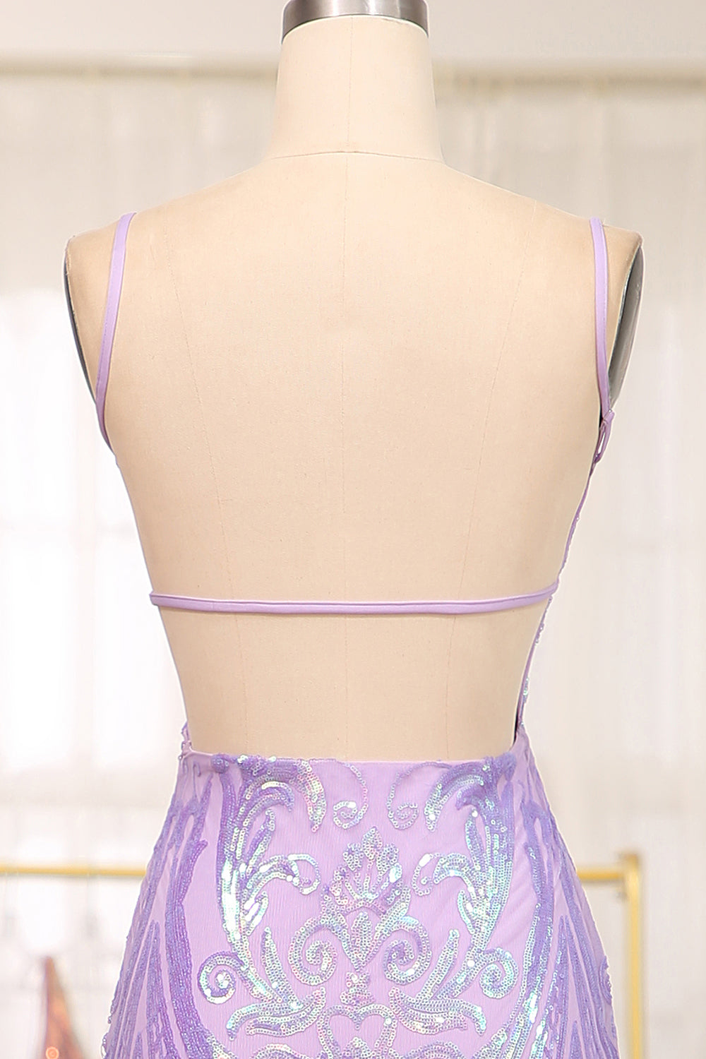 Glitter Lilac Mermaid Spaghetti Straps Backless Long Prom Dress With Embroidery