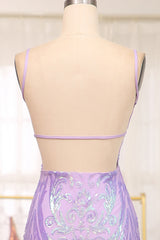 Glitter Lilac Mermaid Spaghetti Straps Backless Long Prom Dress With Embroidery