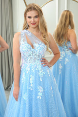 Light Blue A Line One Shoulder Tulle Long Prom Dress With Appliques