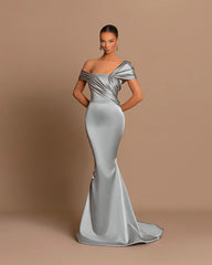 Grey Off-The-Shoulder Bateau Pleated Ball Gown Evening Dress