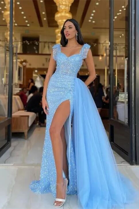 Vintage Sky Blue Sweetheart Straps Sequins Slit Mermaid Evening Dress Tulle with Detachable Ruffles