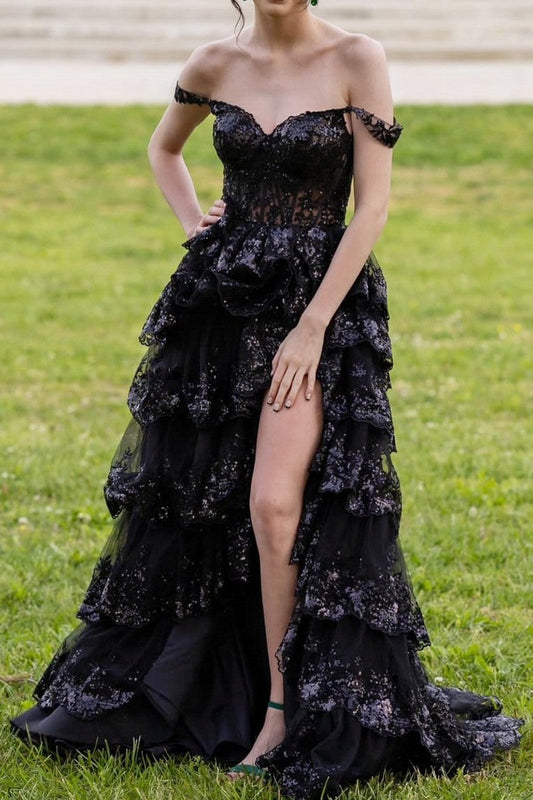 Black Prom Dress Off The Shoulder Tiered Lace Sequin Evening Dress