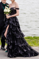 Black Prom Dress Off The Shoulder Tiered Lace Sequin Evening Dress