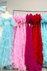 Fuchsia A Line Off the Shoulder Tulle Corset Prom Dress with Bowknot